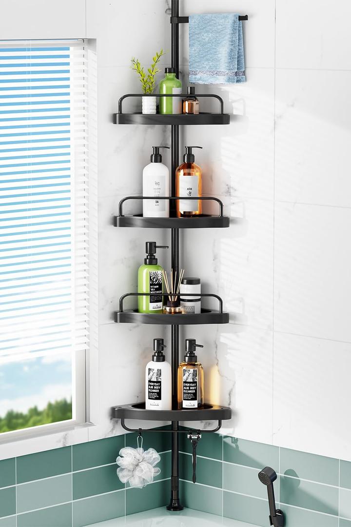 HAMITOR Corner Shower Caddy Tension Pole: 4 Tier Shampoo Storage Organizer for Inside Shower - Telescoping Rod Shower Rack for Bathroom and Bathtub - Restroom Floor Standing Bath Rack Holder Black