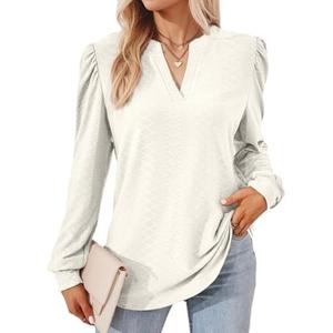 Dokotoo Womens Spring Fashion 2025 Long Sleeve Tops Dressy Casual Blouses Trendy V Neck Puff Sleeve Shirts Business Outfits S