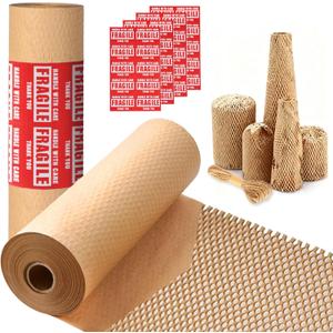 Honeycomb Packing Paper 12" x 200ft,Alternative to Bubble Wrap for Packing/Moving Supplies/Shipping Fragile Items Eco-Friendly & Recyclable Packaging Materials, Includes Fragile Labels & Hemp Ropes