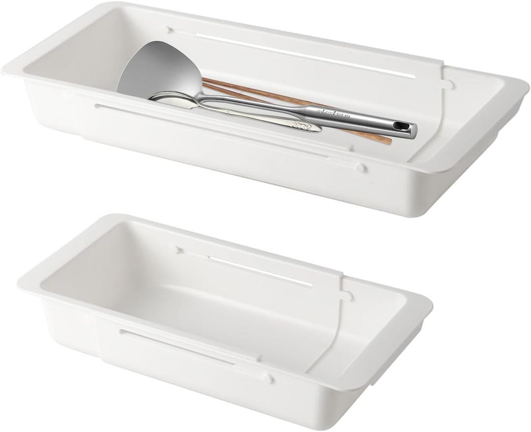 SnowTing 2 PCS Deep Drawer Organizer, 2 Sizes Expandable & Adjustable White Plastic Organizer, Sliding Drawer Storage Bins for Kitchen Utensils, Office Supplies, Cosmetics, Tools