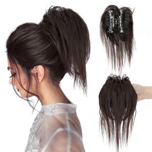 Short Claw Clip Ponytail Extension, Messy Bun Hair Piece, 100% Real Human Hair, 6 Inch, #1B Natural Black