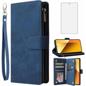 Asuwish Compatible with Xiaomi Redmi Note 13 Pro 5G Wallet Case Tempered Glass Screen Protector and Leather Flip Cover Card Holder Stand Cell Accessories TPU Phone Cases for Note13Pro Women Men Blue