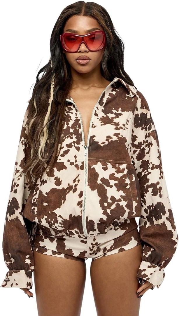 Womens Cow Print Suede Jacket Set Casual Animal Print Cropped Coat Long Sleeve Button Up Western Motorcycle Outwear (Brown, XL)