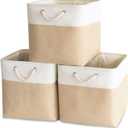 HOdo Home 3PCS Fabric Storage Bin with Drawstring Closure and 2 Bold Handles, Collapsible Large Canvas Storage Baskets for Organizing Shelf Nursery Home (White and Yellow, 13L13W13H) (131313in/3-Pack)