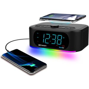 Emerson Smartset 7-Color Bluetooth Speaker - 10W Stereo Sound, 15W Wireless Charging, and LED Lights Changing to Music,Black