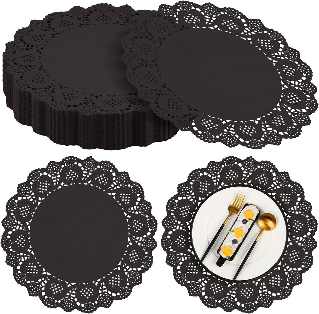 MCEAST 100 Pack Round Black Paper Doilies 13.5 Inches Lace Paper Place Mats Rustic Scallop Doily Disposable Table Pads for Food Cakes Crafts Party Weddings Tableware Decor