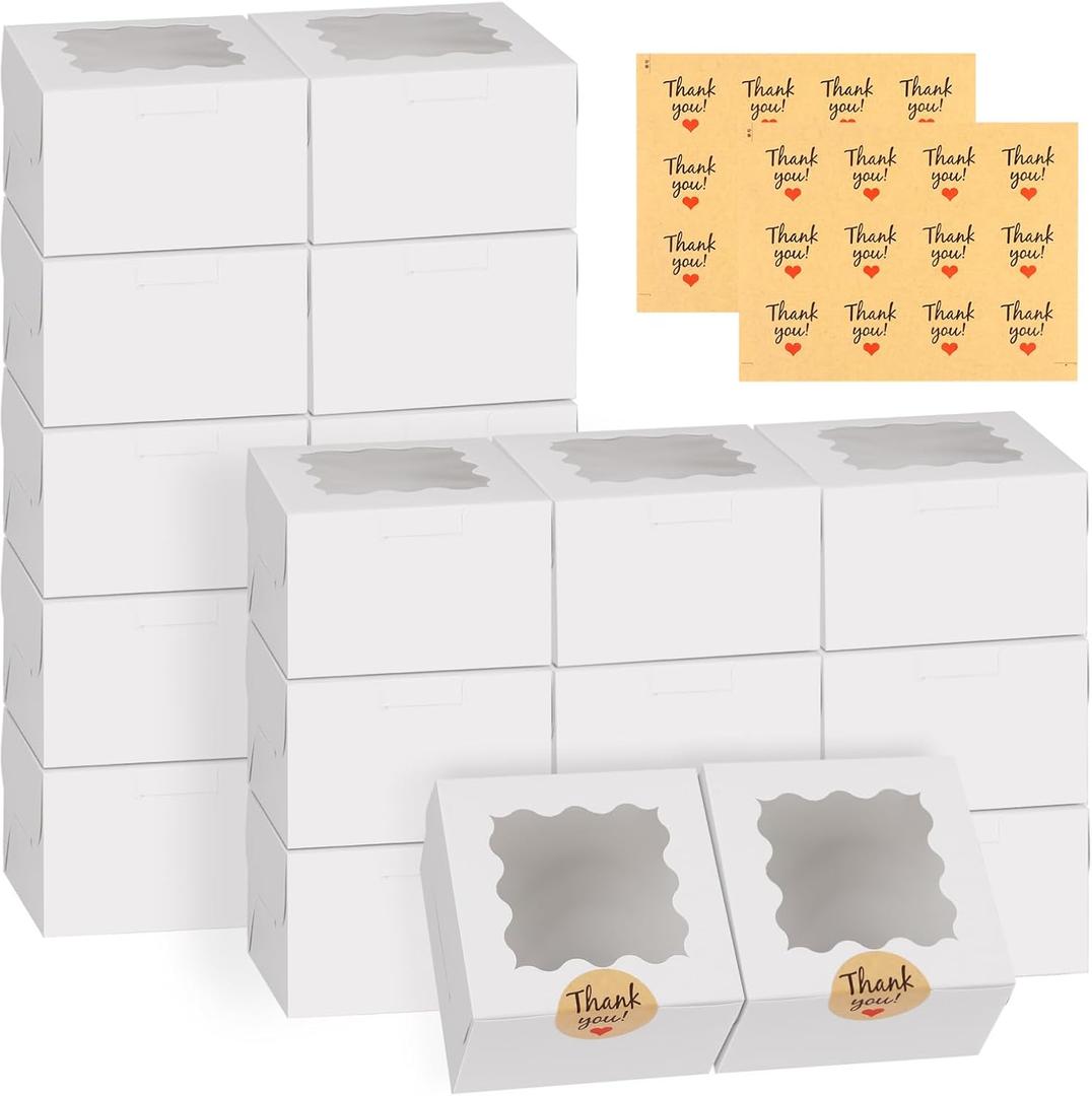 WINKIO 24pcs White Cookie Boxes, 4x4x2.5 Inches Bakery Boxes with Window, for Mini Cake Treat Dessert Pastry Donuts Macaroon Strawberries Chocolate Candy (with Stickers)