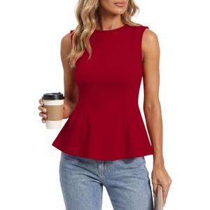 BTFBM Womens Summer Tops 2026 Business Casual Outfits Crew Neck Sleeveless Shirts Slim Fit Peplum Tank Top (Red, M)