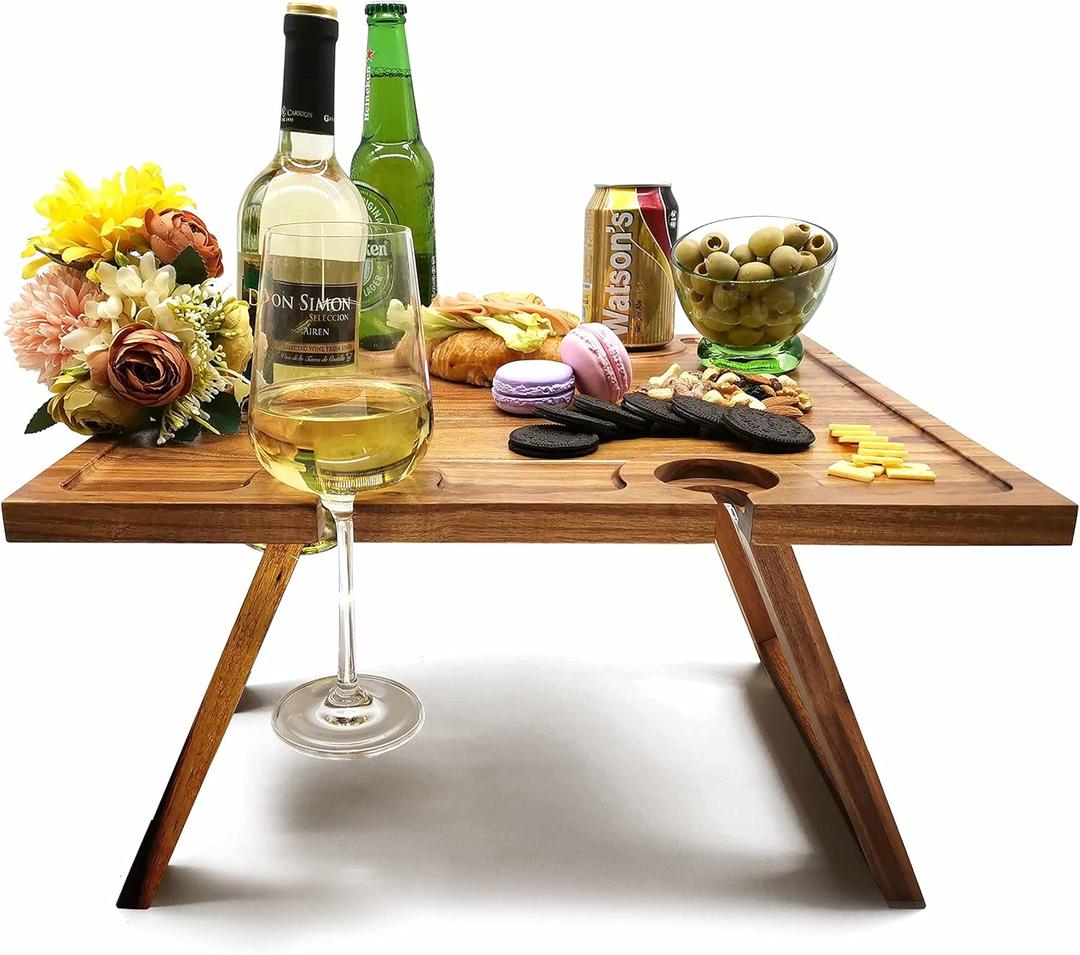 Portable Wine Picnic Table, Acacia Wood, Larger Tray Foldable, Charcuterie Board, Wine Gift, Decor for Romantic Camping, Engagement Party, Concerts, Glamping, Winter Adventure