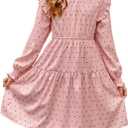 DOKOTOO KIDS Girls Vintage Puff Long Sleeve Ruffle Dresses with Two Side Pockets for 6-13 Years, Fall/Spring/Summer (Pink, XL)