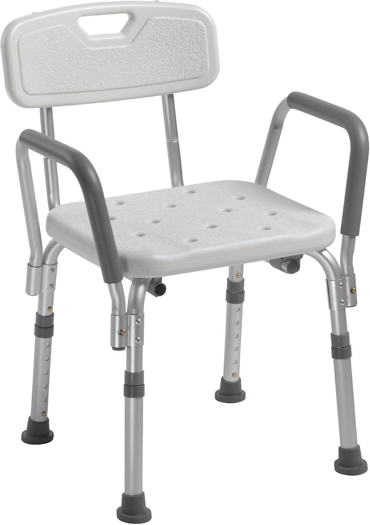 Drive Medical Shower Chair with Back & Padded Arms - Adjustable Height Bath Seat for Safety & Comfort - Lightweight Aluminum Construction- 350 Lb Capacity - White