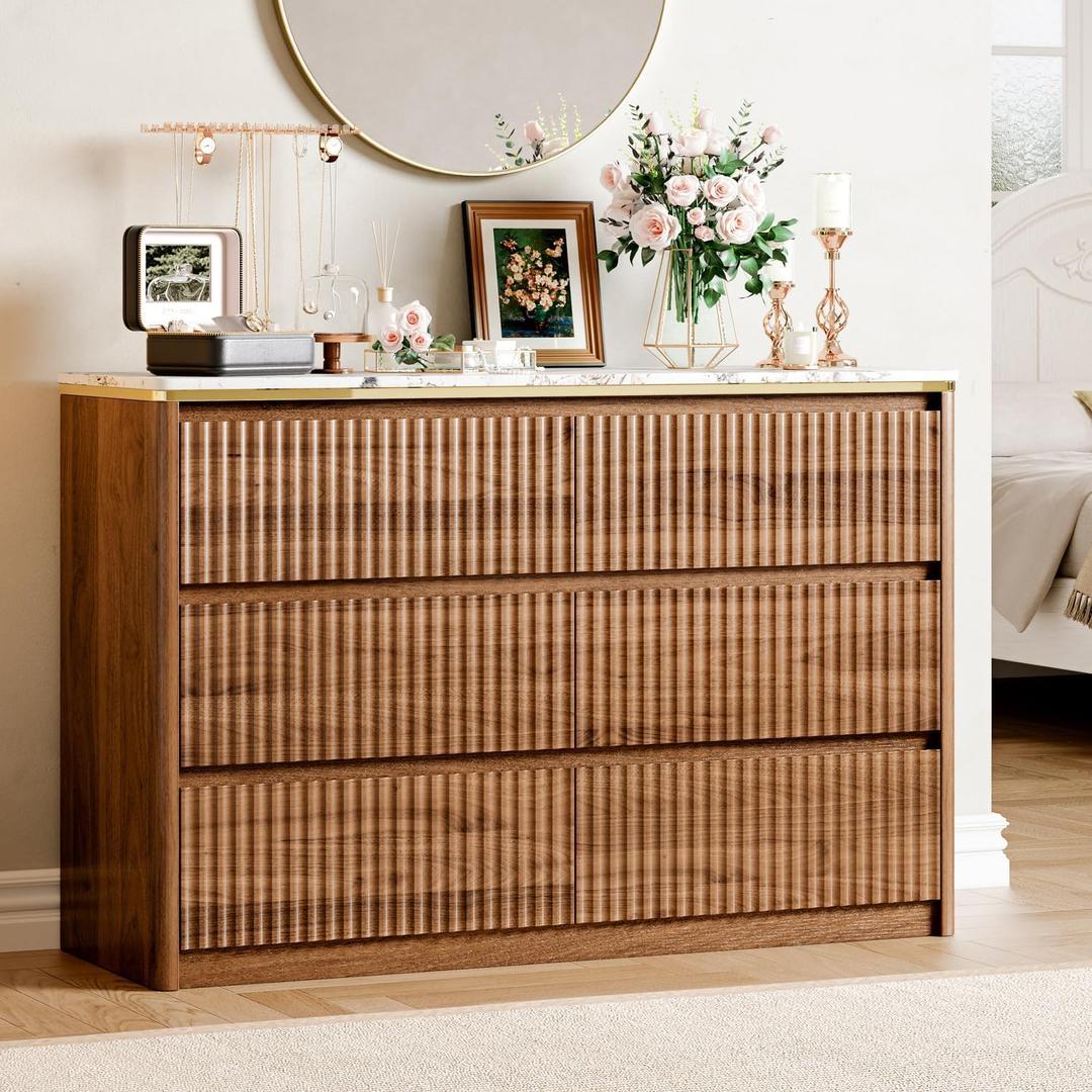 Ieejdn Fluted Dresser for Bedroom with 6 Drawers, 47.2" Modern Chest of Drawers with Faux Marble Top, Curved Profile Design,Dresser TV Stand, Wood Drawer Organizer for Living Room, Hallway, Tan