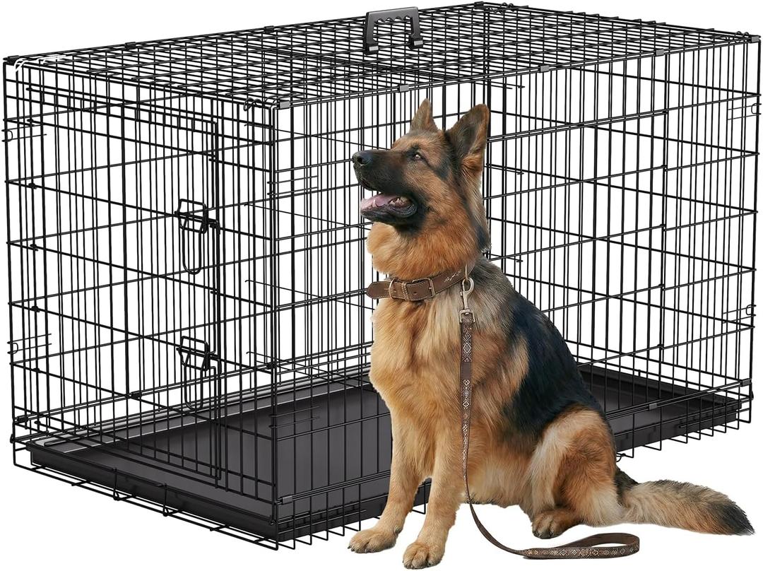 FDW 45 Inch Dog Crate for Large Dogs, Folding Metal Cage with Double Door & Leak-Proof Tray, Black
