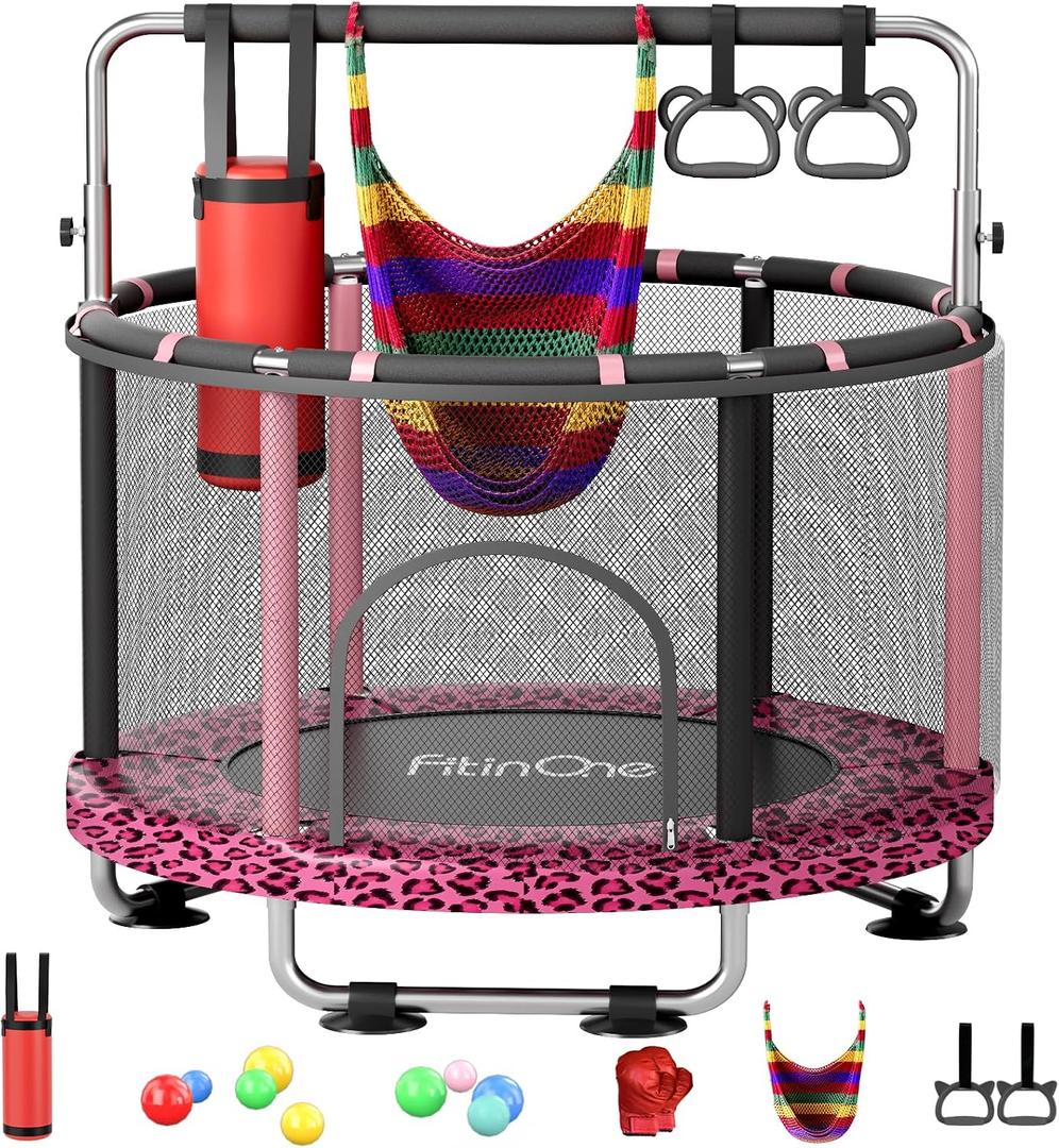 55" Toddler Mini Trampoline for Kids, Indoor Outdoor Toys with Swing, 440lbs Baby Kids Trampoline, Gymnastics Bar, Birthday Gifts for Boy Girl Age 1-8