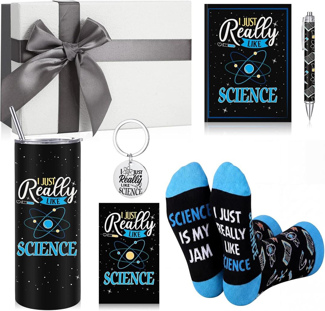 Geiserailie 7 Pcs Science Teacher Appreciation Gifts Include Stainless Steel Cup Notebook Pen Socks Keychain Greeting Card Box Gift for Science Lovers Scientist Chemistry Teacher