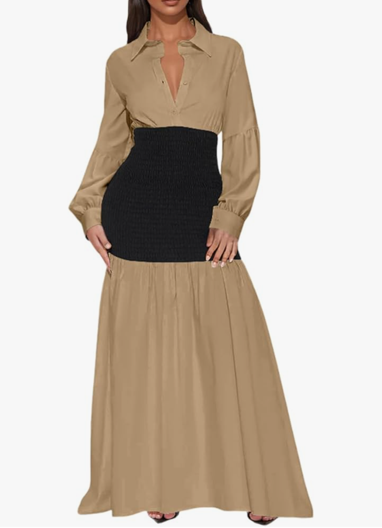 Ekaliy Women's Puff Long Sleeve Shirt Dress Elegant Button Down Loose Swing Party Maxi Dress