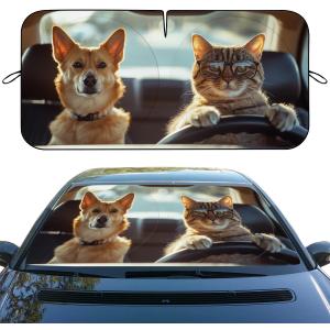 Cute Cat Dog Car Window Sun Shield Funny Cartoon Animals Driving Front Window Sun Shade Blocks UV Rays Sun Visor Protector for Car Sedan Truck SUV Accessories 59" X 31"