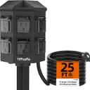 TiFFCOFiO Outdoor Power Strip Weatherproof, 25 FT Extension Cord with Stake, 6 Grounded Outlets for Christmas Yard Decorations and Inflatables, 15A/1875W, ETL Listed
