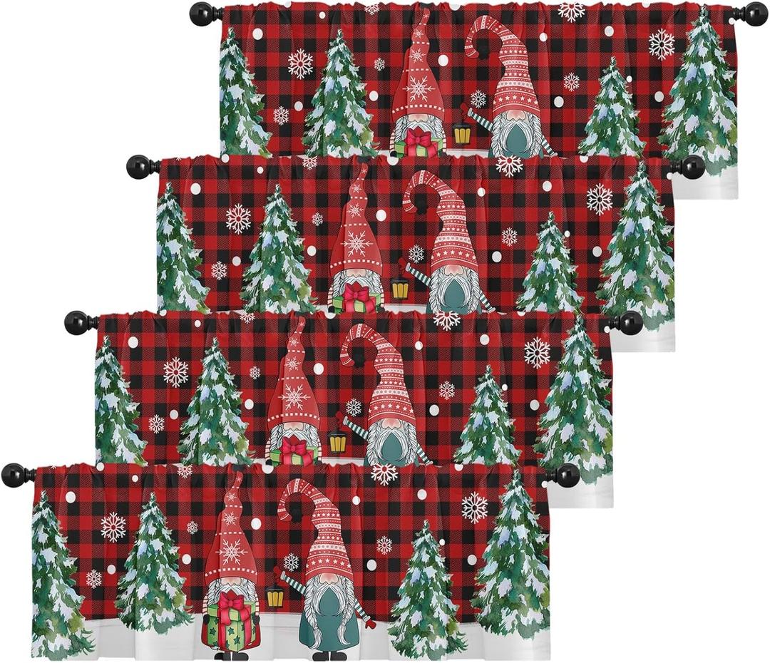 4 Pack Valances Window Treatments, Christmas Gnome Pine Red Plaid Drapes Adjustable Curtain for Windows Living Room Kitchen Sink Above, 18x52 Inch Rod Pocket Valances