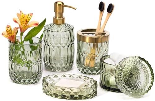 EMPO 6PCS Bathroom Clear Glass Accessories Set (Lotion Soap Dispenser, Soap Dish, Toothbrush Holder, Tumbler, Cotton Swab Jar), Contemporary Modern Decor Crystal Vintage Gift (6pcs Green)