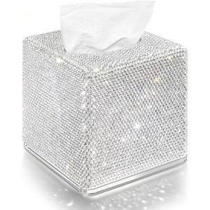 Bling Tissue Box Cover Square for Bathroom Sparkling Cube Decorative Kleenex Tissue Box Holder Table Countertop Decorative for Home Office