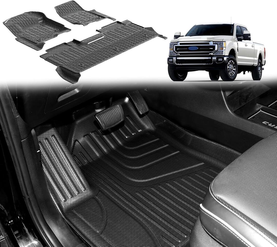 IKABEVEM Carbon Fiber Pattern Floor Mats Fit for Ford F250 F350 F450 F550 2017-2026 SuperDuty Crew Cab Carpet Floor Rear with Under-Seat Fold-Flat Storage All Weather TPE Car Mats 1st & 2nd Row Grey