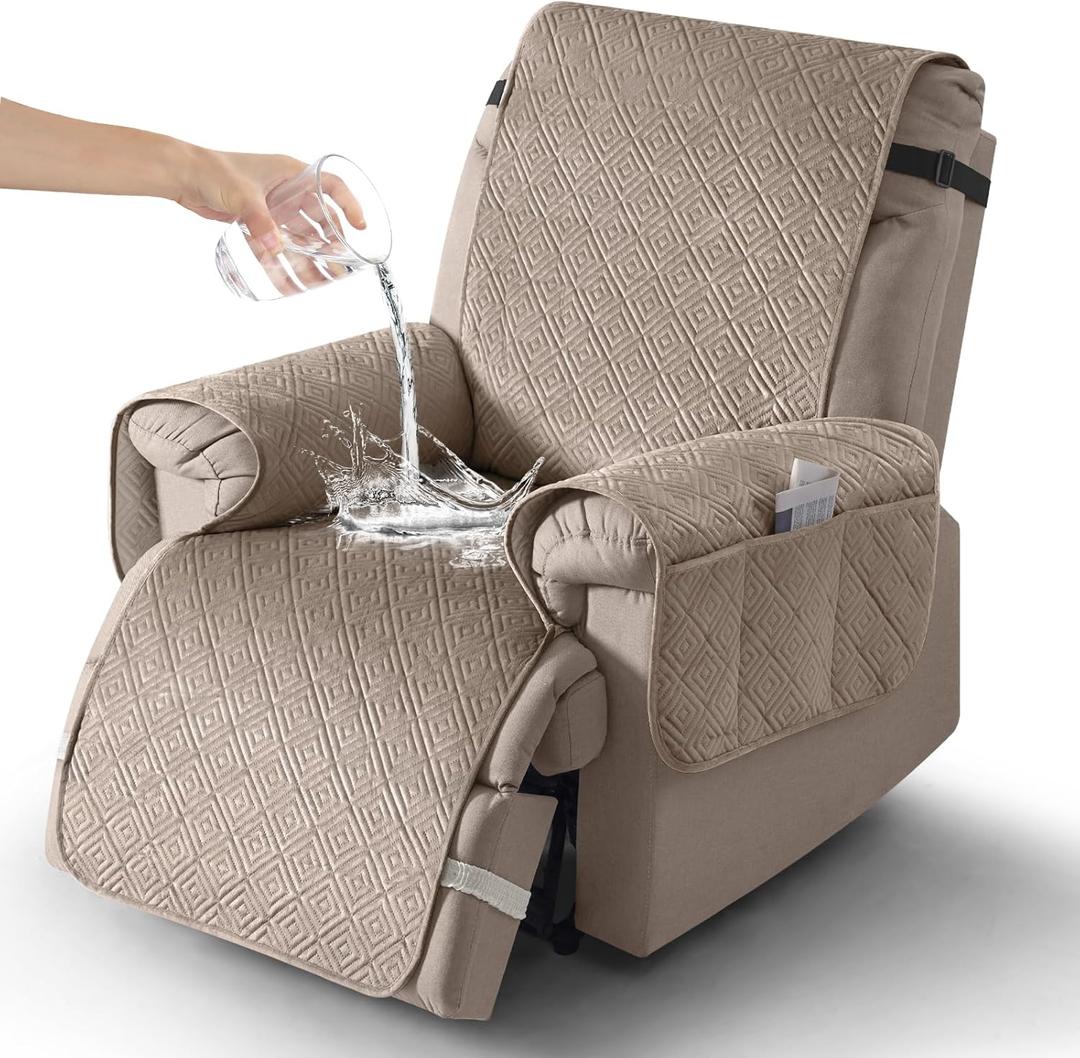 Timeles 100% Waterproof Recliner Chair Covers,Washable Chair Cover that Stay in Place with Pocket,Reclining Covers for Recliner Chair for Pets & Dogs (Medium: 23",Taupe)
