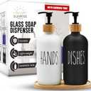 Sunrise Premium 16 OZ Thick White & Black Glass Soap Dispenser, Bamboo Pump with Tray 2 Pack, Hand and Dish Soap Dispenser Set for Bathroom with 6 Waterproof Labels