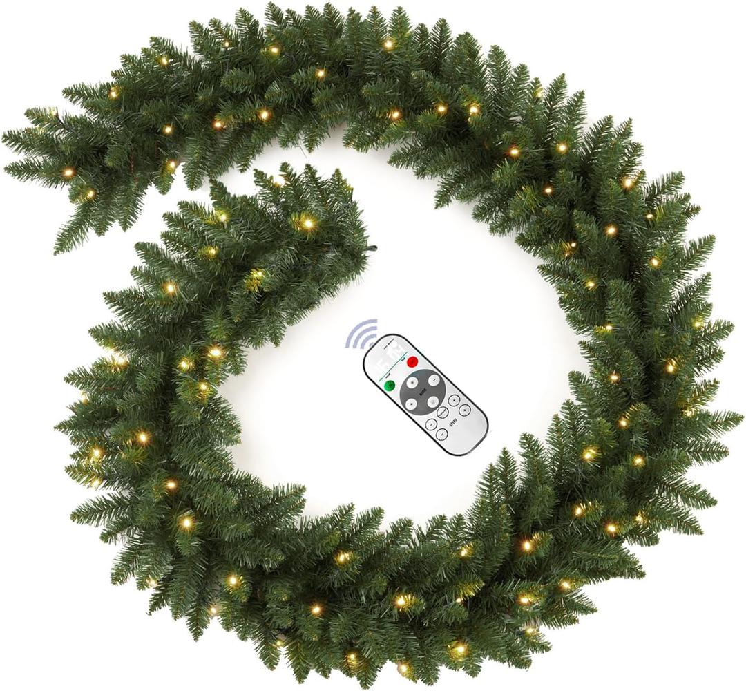 9FT Pre-Lit Artificial Christmas Garland with Dual Color LED Lights and Timer by Remote Control and Batteries Operated, Holiday Decorations, for Indoor Door Home Stairs Fireplaces Wall