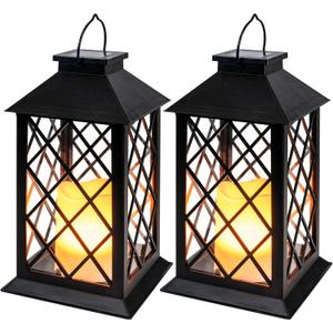 Homemory Solar Lanterns Outdoor Waterproof Hanging with Flickering Flameless Candles, 2 Pack 13'' Garden Outdoor Lantern Decorative for Patio Front Porch Backyard Balcony Cabin Outside Table(Black)