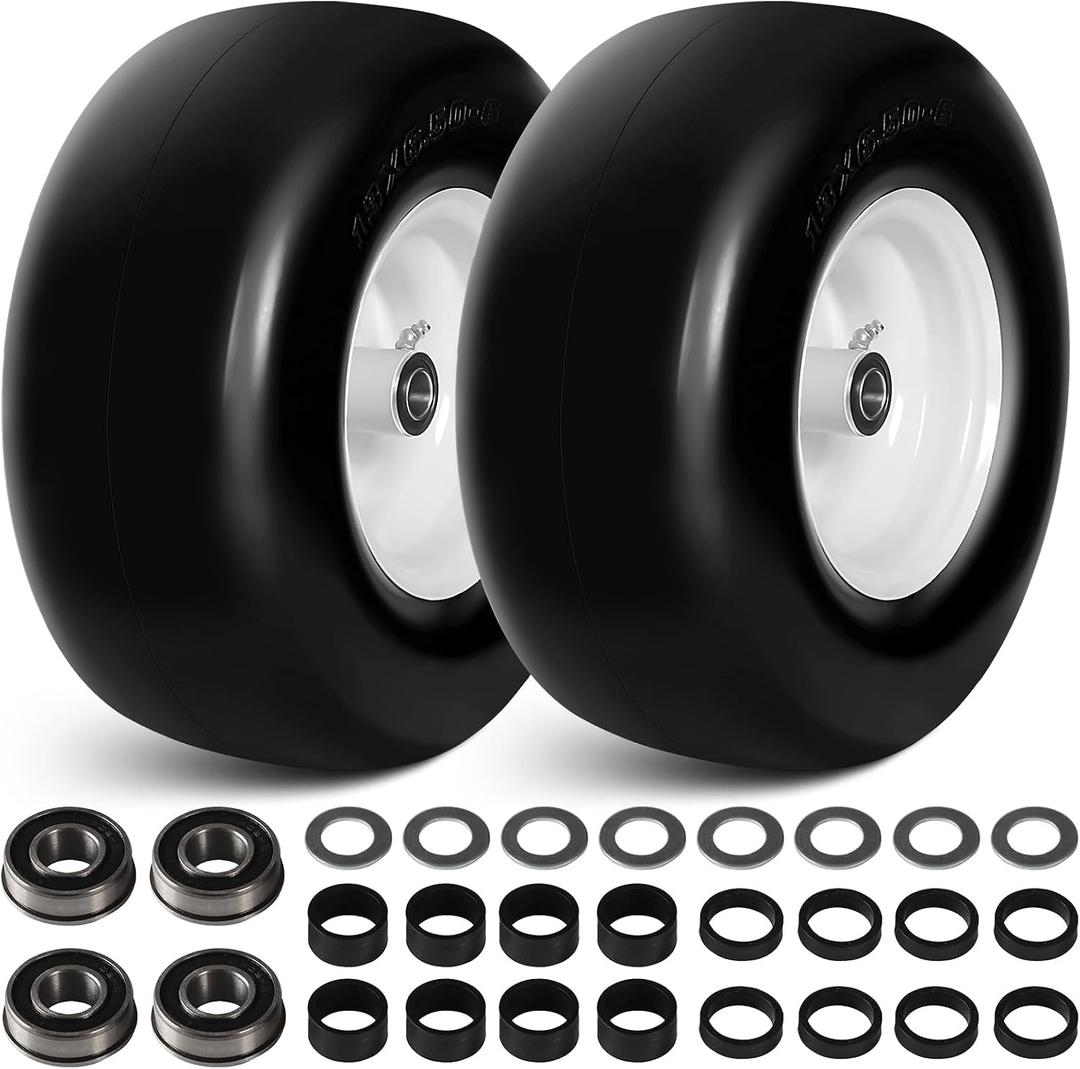13x6.50-6 Flat Free Lawn Mower Tire Wheels; 2 Packs Smooth Tread Puncture-proof Tire for Lawnmowers, Replacement 3/4" & 4 Pcs 5/8" Bearing with 24 Spacers for Zero Turn Mowers Garden Tractors Carts