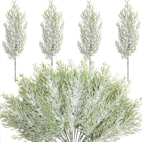 Alpurple 50 Pcs Christmas Snow Frosted Pine Branches- 13.5" Snowy Artificial Pine Needles Branches Twigs- Greenery Ceder Sprigs Pine Picks Stems for Christmas Wreath Home Garden Decoration