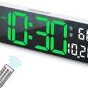 Digital Clock, Digital Wall Clock for Living Room Decor, Desk Alarm Clock for Bedroom, Large Wall Clock with Remote Control, Automatic Brightness Dimmer LED Clock with Date Temperature Week (Green-W)
