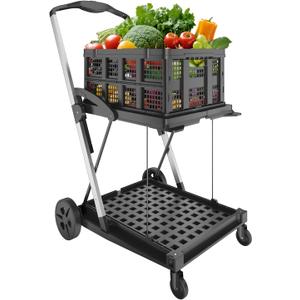 Folding Cart | Multi Use Functional Collapsible carts | Shopping Trolley with Wheels | Shopping Cart with Storage Crate | Utility Cart for Groceries, Warehouse,Supermarket. (Black)