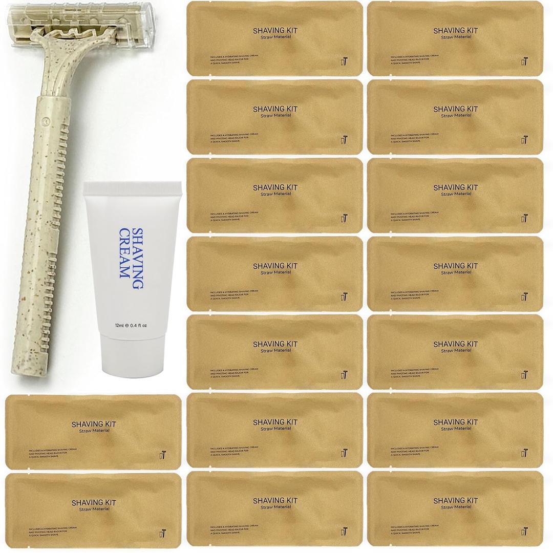 Disposable Shave Kit for Men &Women - 50 Pcs Wheat Straw Razors and Cream Bulk, Individually Wrapped Portable Toiletries Amenities for Hotel, Airbnb, Homeless, Shelter, Charity, Camping and Travel