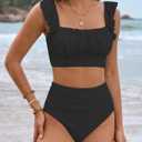Women's Two Piece Swimsuits, High Waisted Ruffle Strap Tummy Control Bathing Suit Ruched Full Coverage Bikini Sets (Black, XL)