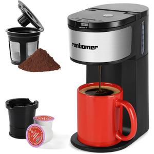 Ranbomer K Cup Coffee Maker, Single Serve coffee machine or Ground Coffee Machine 2 in 1, 6 to 14 Oz Brew Sizes, Mini One Cup Coffee Maker with Self cleaning Function, Fits Travel Mug Black