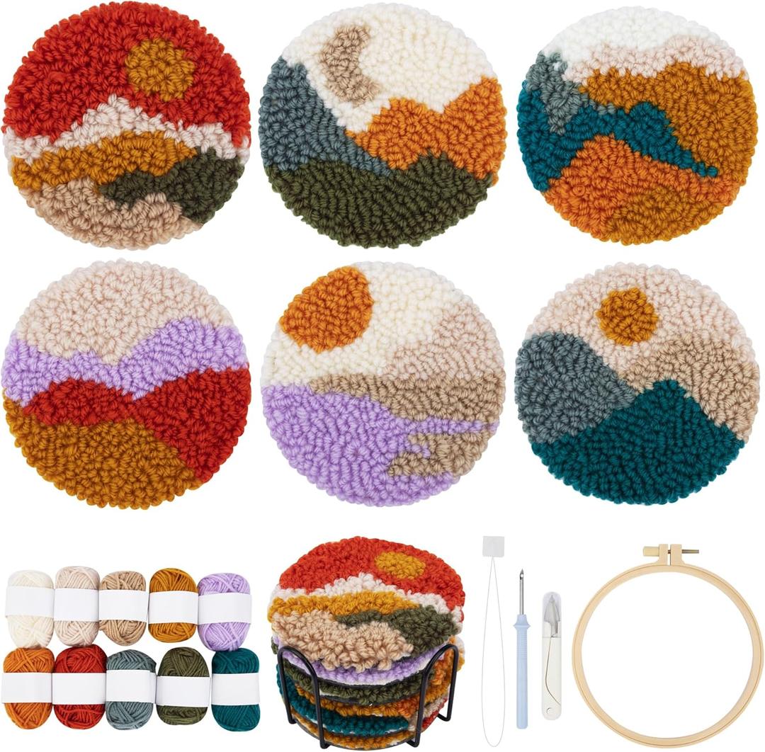 Temlum Punch Needle Coasters Kit, Punch Needle Embroidery Kits for Adults and Beginners - Including Patterns, Tools, Yarns, Hoop, Instruction, Coaster Holder Art Craft Supplies - Landscape