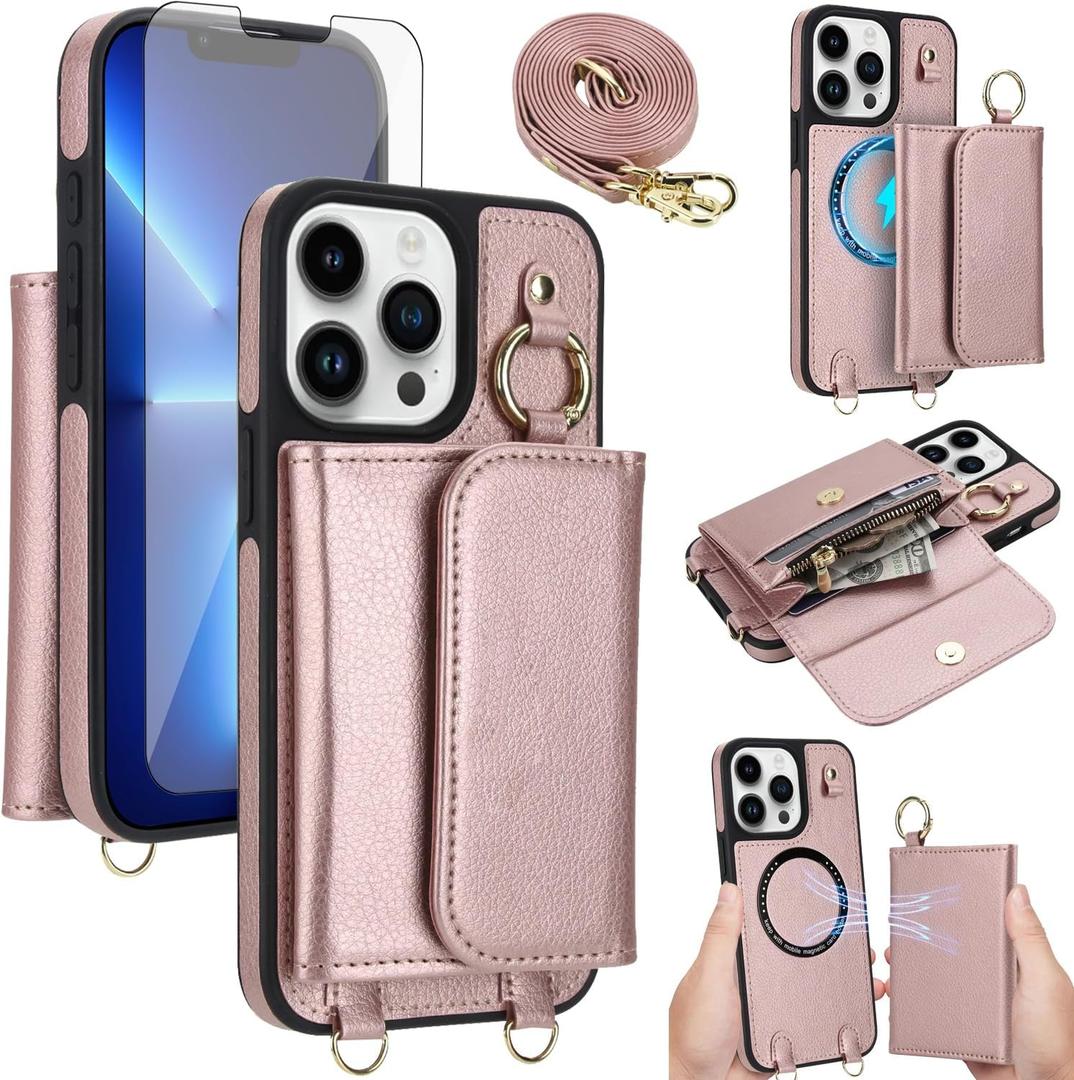 Asuwish Phone Case for iPhone 13 Pro 6.1 inch Wallet Detachable Cover and Screen Protector Compatible with MagSafe Crossbody Lanyard Strap RFID Blocking iPhone13Pro iPhone13 13Pro Women Men Rose Gold