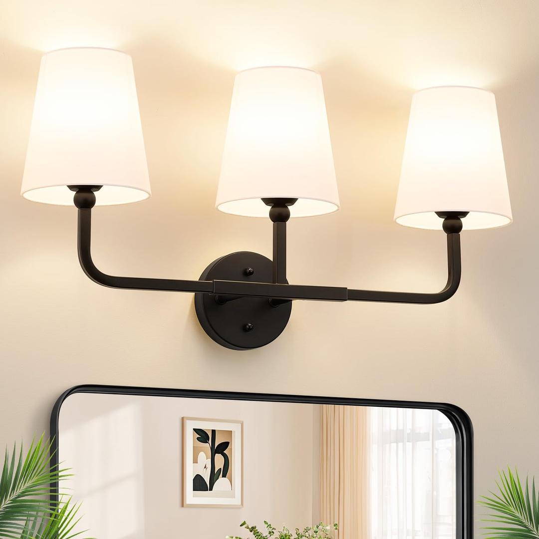 MOKATNG Bathroom Light Fixtures, 3-Light Matte Black Vanity Lights, Bathroom Lighting Fixtures Over Mirror with Flared White Fabric Shade, Modern Wall Sconces for Living Room Hallway