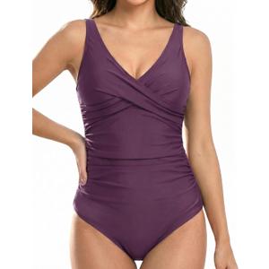 Buauty Women's V Neck Ruched One Piece Swimsuit Tummy Control Bathing Suits Flattering Beach Vacation Swimwear Black (L)