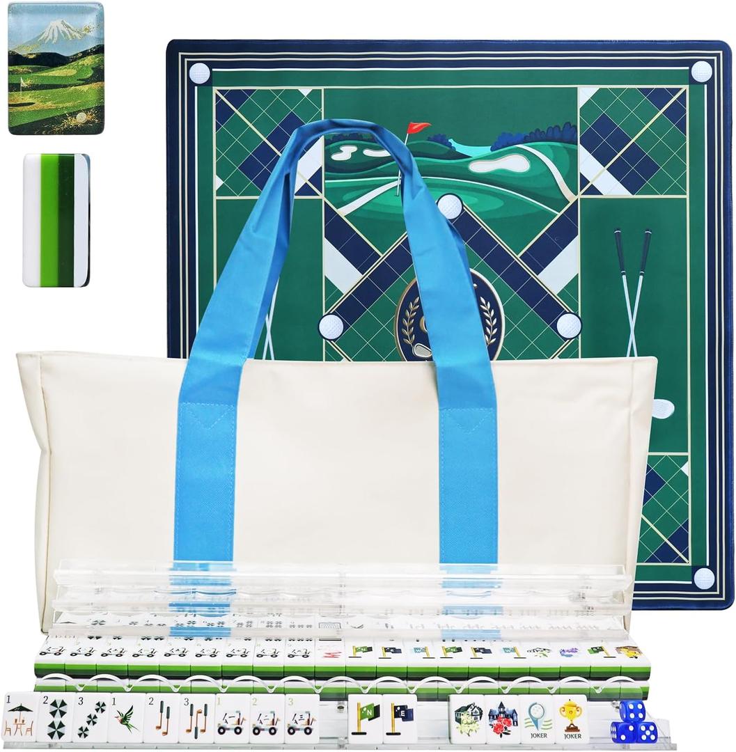 American Acrylic Mahjong Set with Golf Themed, 2 Carrying Bags, 4 Acrylic Racks with Pushers, Silent Mat & 3 Dice – Portable American Mahjong Game Set for Adults, Family Game Night & Travel