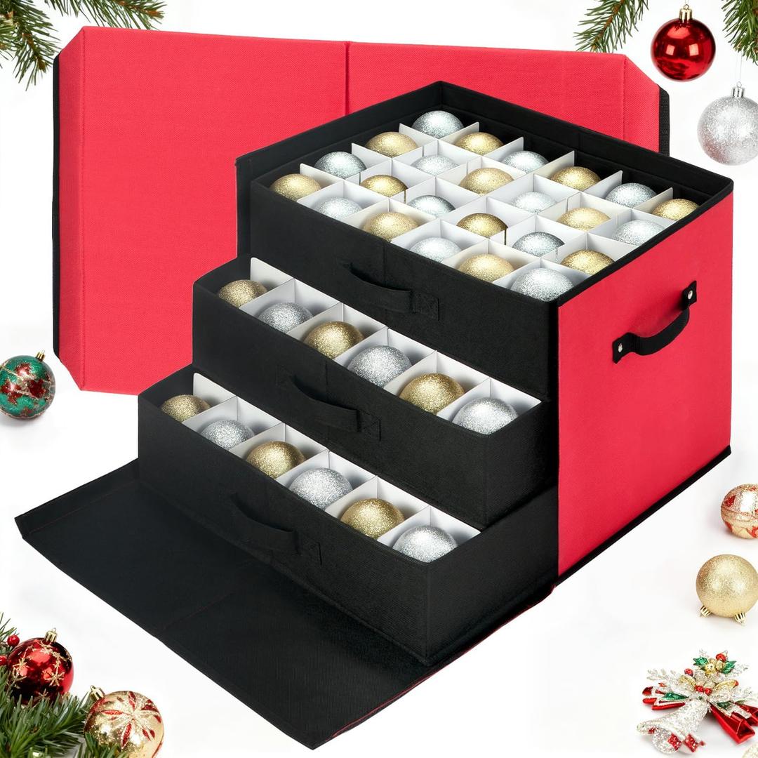 inin Christmas Ornament Storage Box with Adjustable Dividers,Stackable Drawer Ornament Organizers,Ornaments Storage Container Bin with Lid for Xmas Decorations (72 Ball, Red, with Removable Tray)