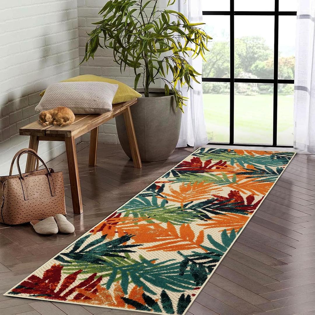 COZYLOOM Indoor/Outdoor Runner Rug 2'3"x7'3" Hallway Rug Entryway Runners Modern Floral Leaves Area Rug Easy Cleaning Non-Shedding Outdoor Runners for Bedroom Kitchen Laundry Backyard Deck Porch (Leaf)