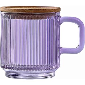 Lysenn Glass Coffee Mug with Lid - Premium Classical Vertical Stripes Glass Tea Cup - for Latte, Tea, Chocolate, Juice, Water - Lead-Free - Bamboo Lid - Amethyst Purple