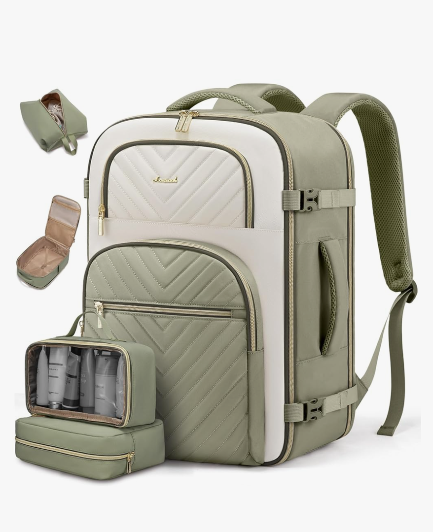 LOVEVOOK Travel Backpack Carry on Flight Approved 40L,Waterproof TSA Travel Essentials Personal Item Backpack for Women Men,Large Carry on Luggage Suitcase Travel Bag for Airplane with 3 Packing Cubes, Bean Green - Light Yellow