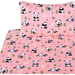 J-pinno Pink Panda Bamboo Cute Twin Bed Sheet Set for Kids Girls Boys Children,100% Cotton, Flat Sheet + Fitted Sheet + Pillowcase Bedding Decoration Gift Set