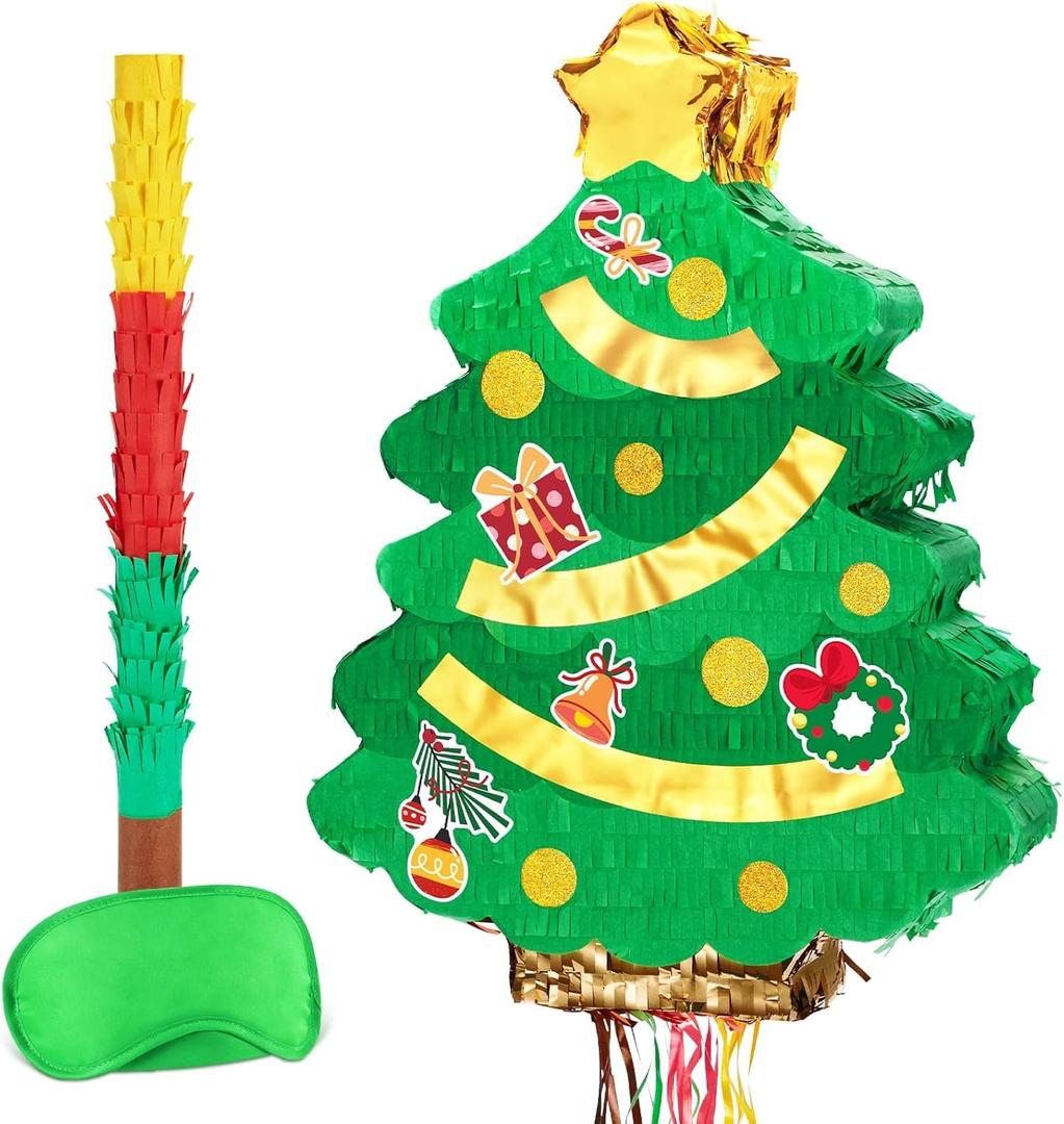 WERNNSAI Christmas Tree Piata - Christmas Decorations XmasTree Party Game for Kids Festival Party Decor Supply Green Tree Design Merry Xmas Favor Pull String with Blindfold Bat 16.5 x 12.4