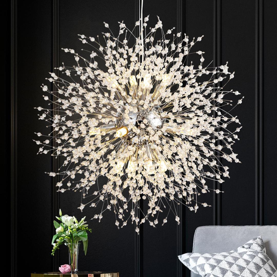 SineRise Modern Crystal Chandeliers Firework, Crystal Light Fixture, Dandelion Chandelier (12-Light, Chrome) for Foyer Hallway Entryway Kitchen Bedroom (Bulbs Not Included) (12-Light (Semi-Flush Mount))