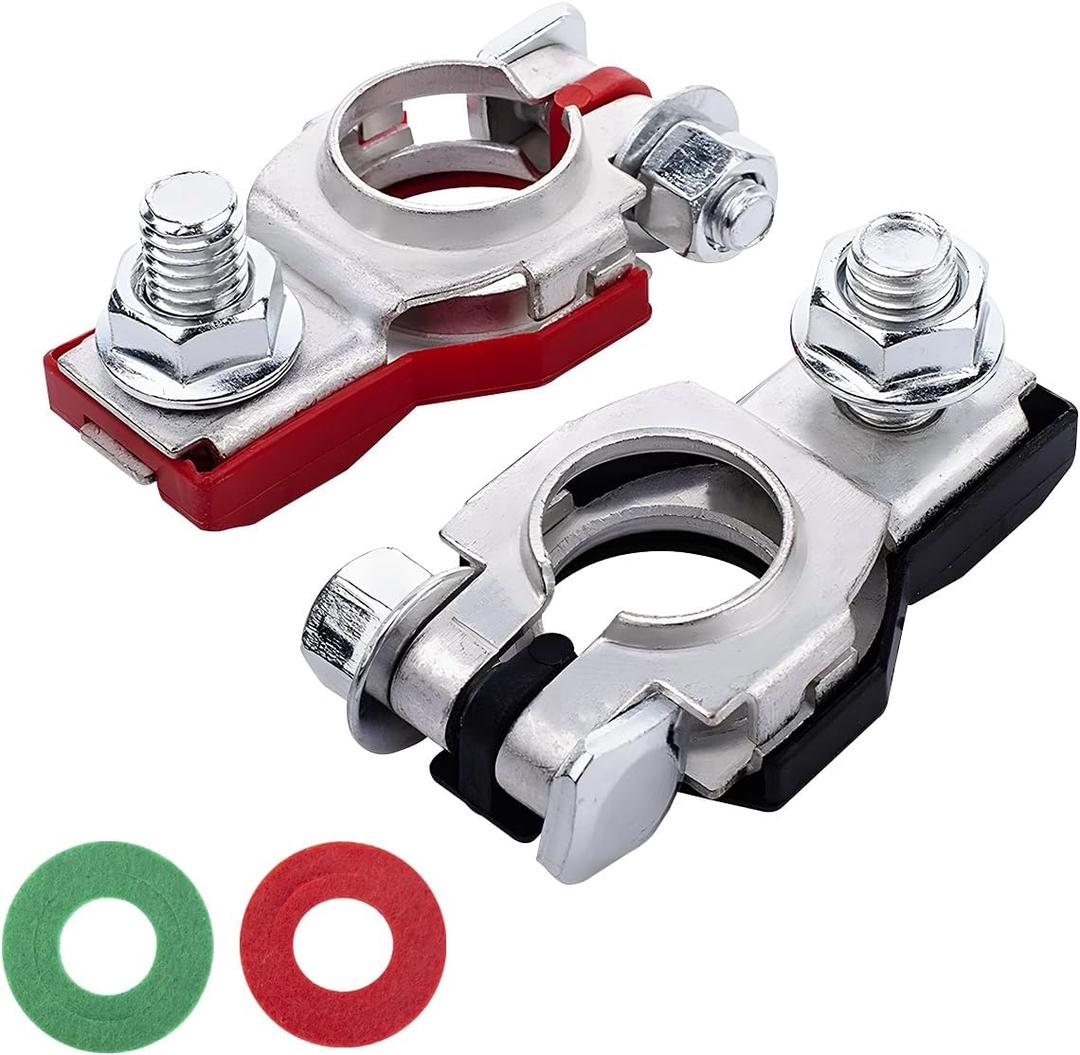 Battery Terminal Connector, Corrosion Resistant Top Post Battery Terminal Clamps with 2 Washers, Universal Positive & Negative Auto Cable Terminals Adapter for SUVs, Motorcycles (1 Pair)